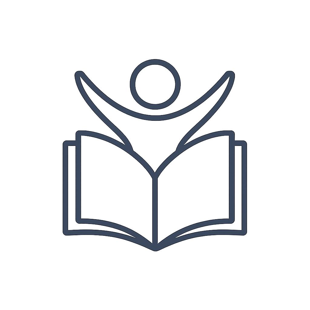 A line drawing of an open book with a figure of the open arms and the sun.